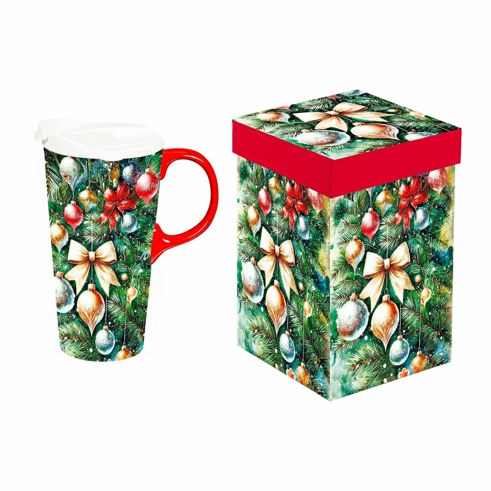 Plow & Hearth Twas The Night Travel Cup Ceramic Perfect Cup, Tree with Ornaments, 17