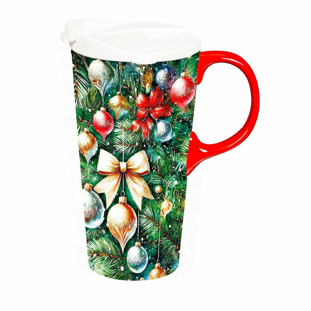 Plow & Hearth Twas The Night Travel Cup Ceramic Perfect Cup, Tree with Ornaments, 17