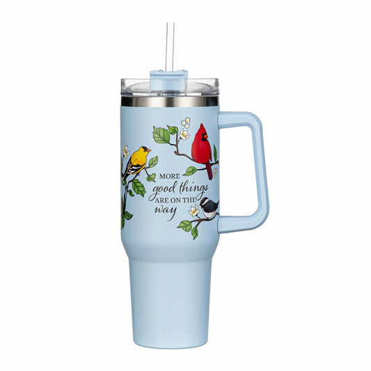 Plow & Hearth Cottage Garden Tumbler Stainless-Steel Canyon Cup w/ Straw, Bird Frien