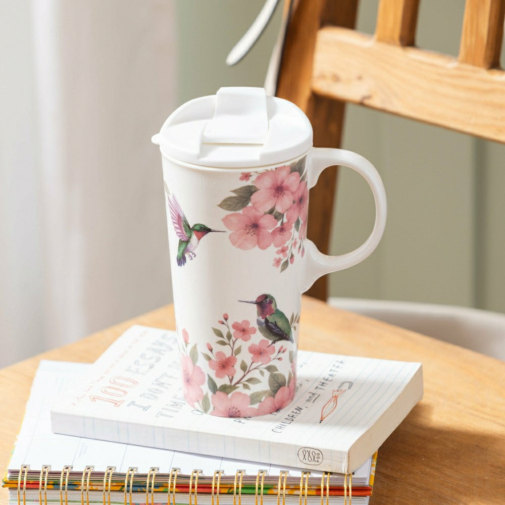 Plow & Hearth Cottage Garden Travel Cup Ceramic Perfect Cup, 17oz, Floral Hummingbir