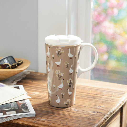 Plow & Hearth Hillside Pasture Travel Cup Ceramic Perfect Cup, Floral Goose, 17oz, G