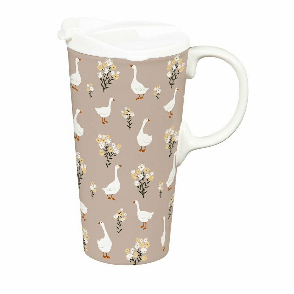 Plow & Hearth Hillside Pasture Travel Cup Ceramic Perfect Cup, Floral Goose, 17oz, G