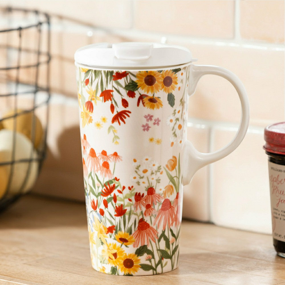 Plow & Hearth Hillside Pasture Travel Cup Ceramic Perfect Cup, Floral Field, 17oz, G
