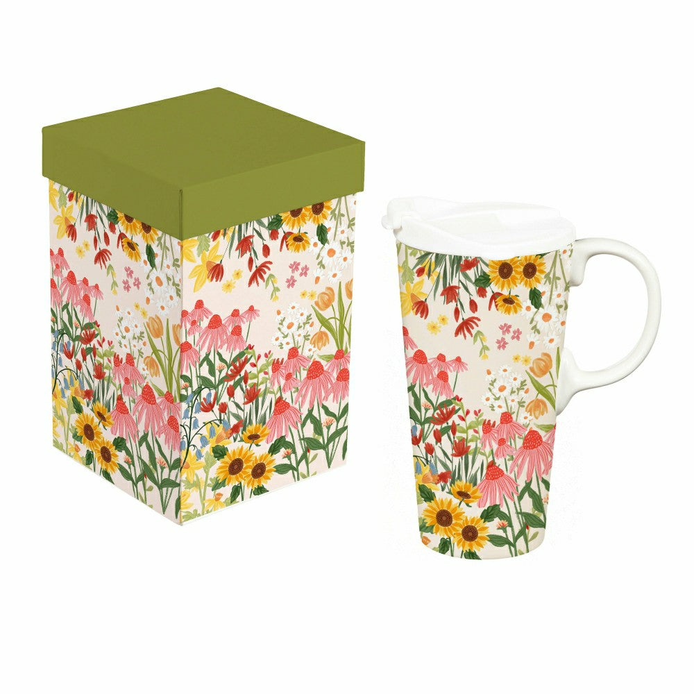 Plow & Hearth Hillside Pasture Travel Cup Ceramic Perfect Cup, Floral Field, 17oz, G