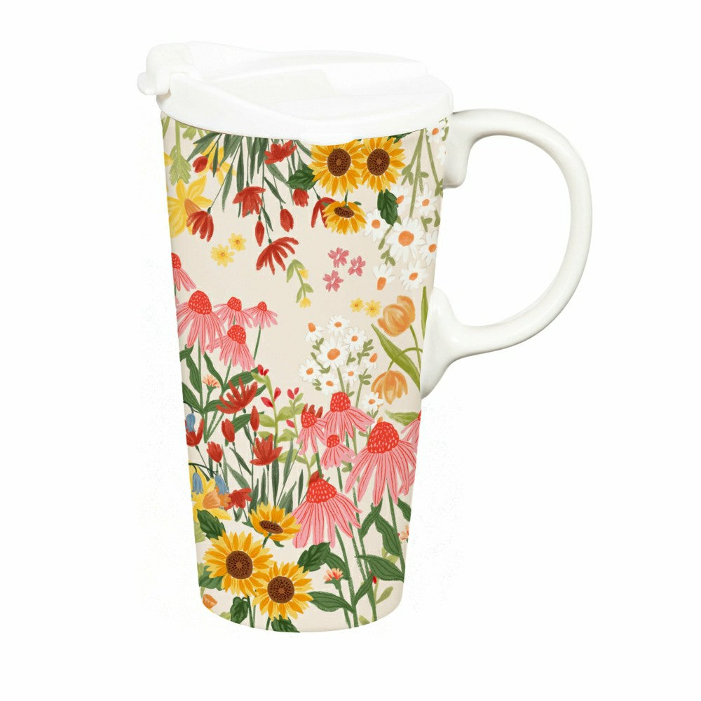 Plow & Hearth Hillside Pasture Travel Cup Ceramic Perfect Cup, Floral Field, 17oz, G