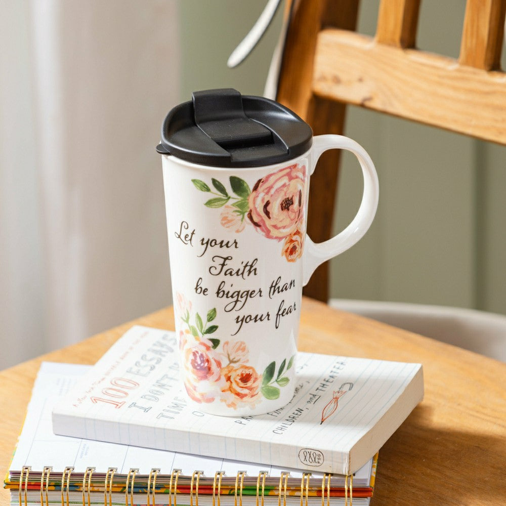 Plow & Hearth Simple Blessings Travel Cup Ceramic Perfect Cup, 17oz, Gift Box