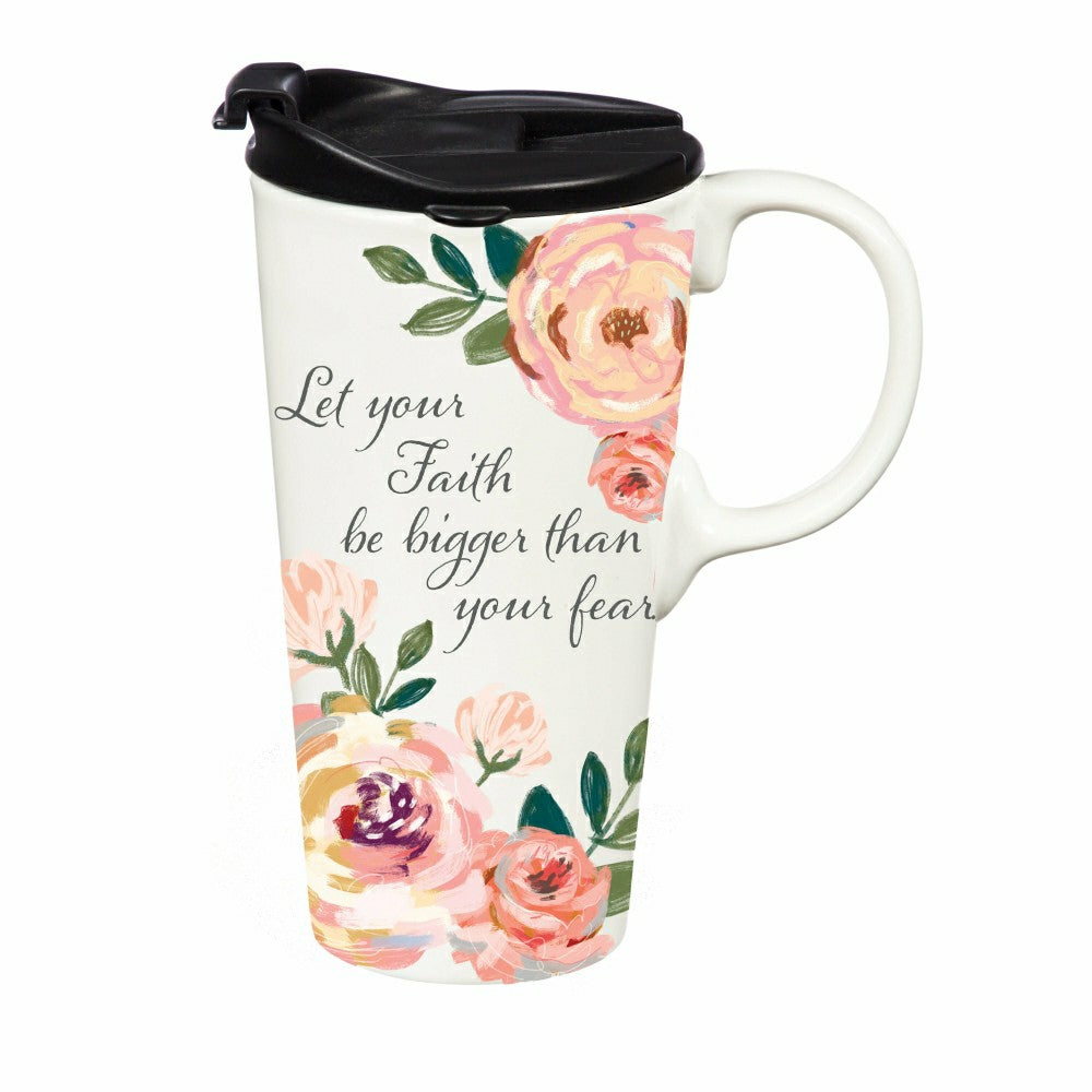 Plow & Hearth Simple Blessings Travel Cup Ceramic Perfect Cup, 17oz, Gift Box