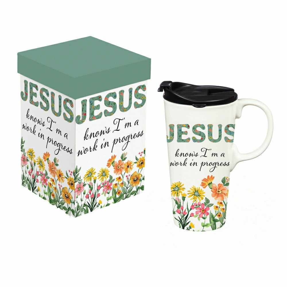 Plow & Hearth Simple Blessings Travel Cup Ceramic Perfect Cup, 17oz, Gift Box