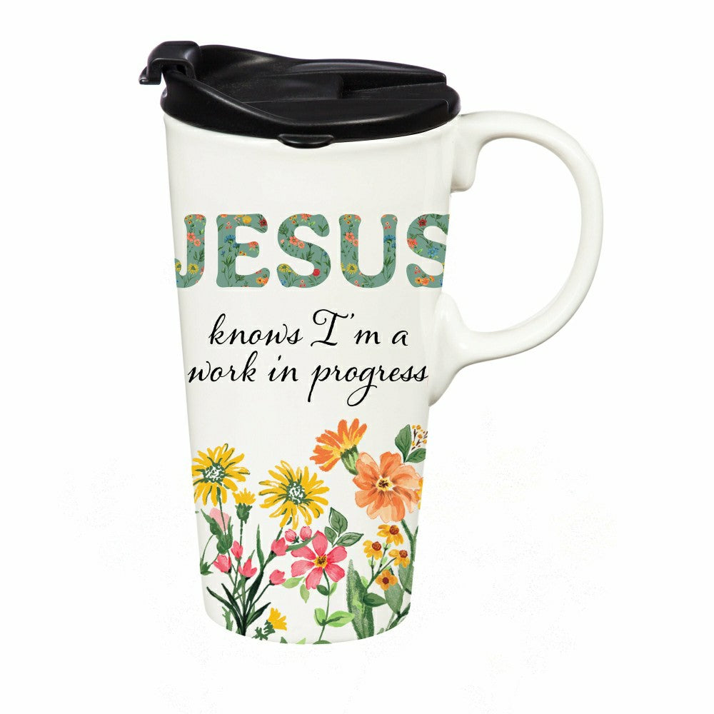 Plow & Hearth Simple Blessings Travel Cup Ceramic Perfect Cup, 17oz, Gift Box