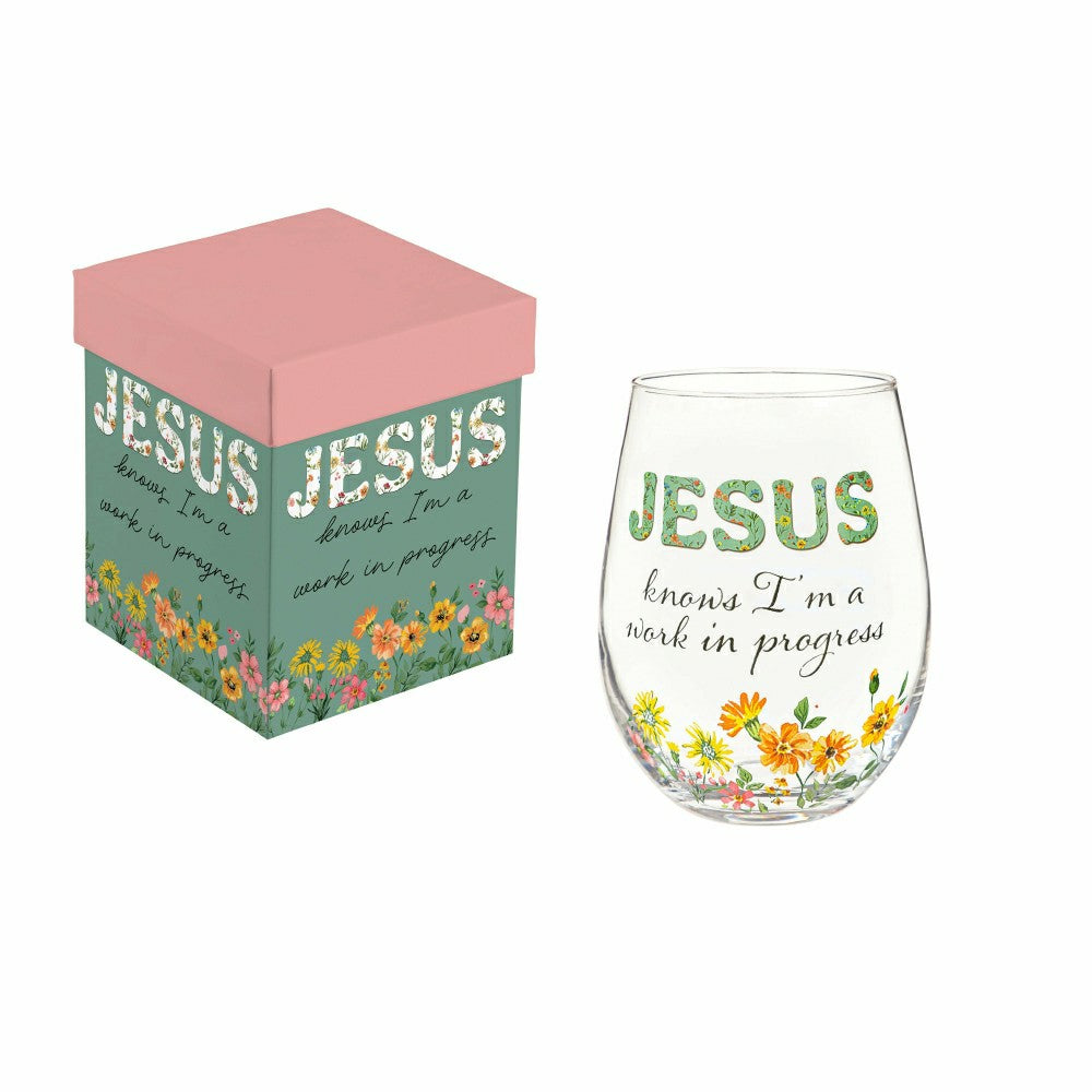 Plow & Hearth Simple Blessings Wine Glass Stemless, Jesus Knows I'm a Work in Progre