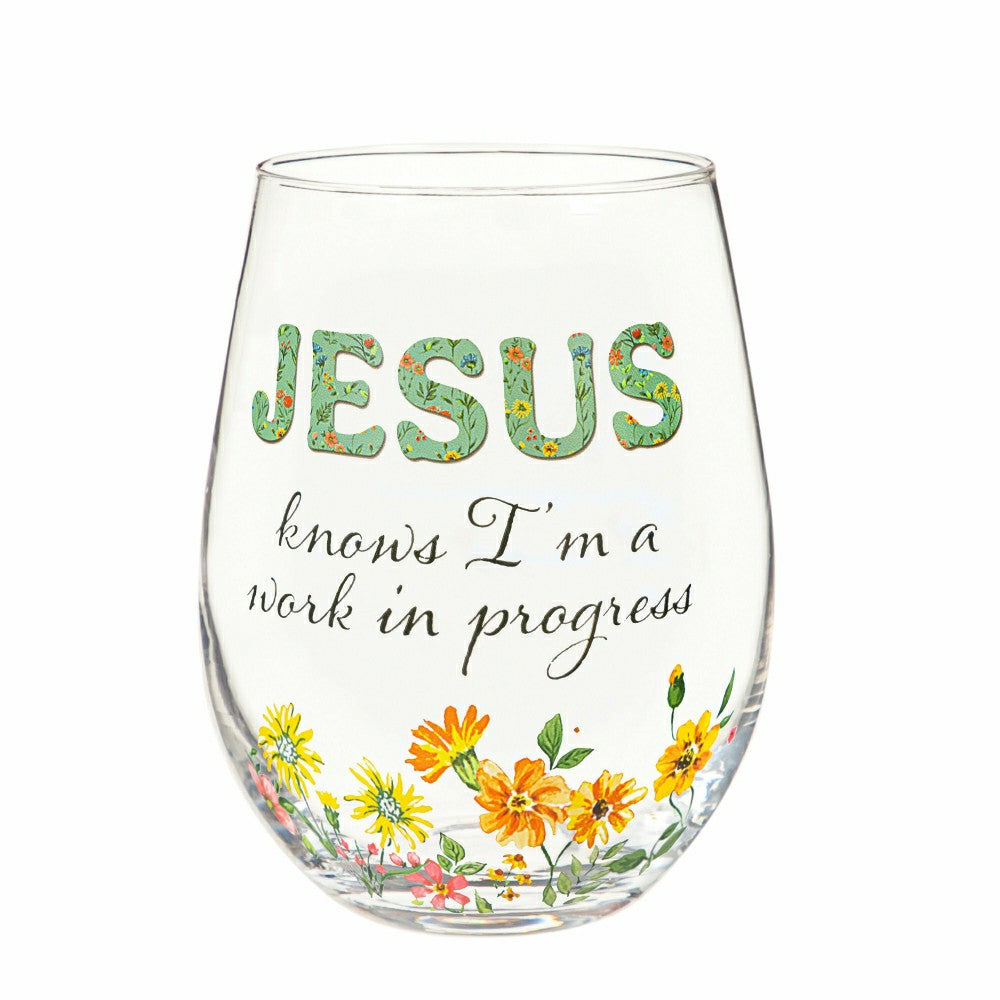 Plow & Hearth Simple Blessings Wine Glass Stemless, Jesus Knows I'm a Work in Progre