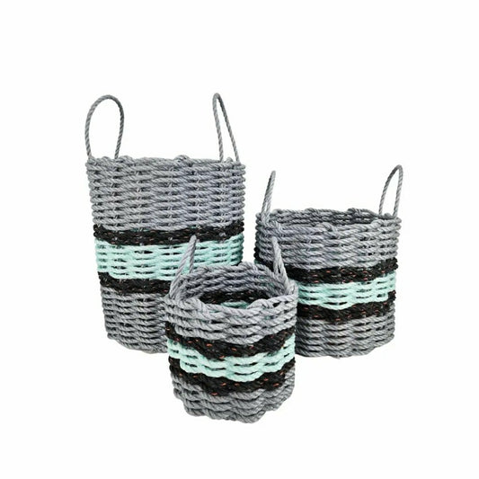 Plow & Hearth Lobster Rope Basket Light Gray and Seafoam, Black Accents