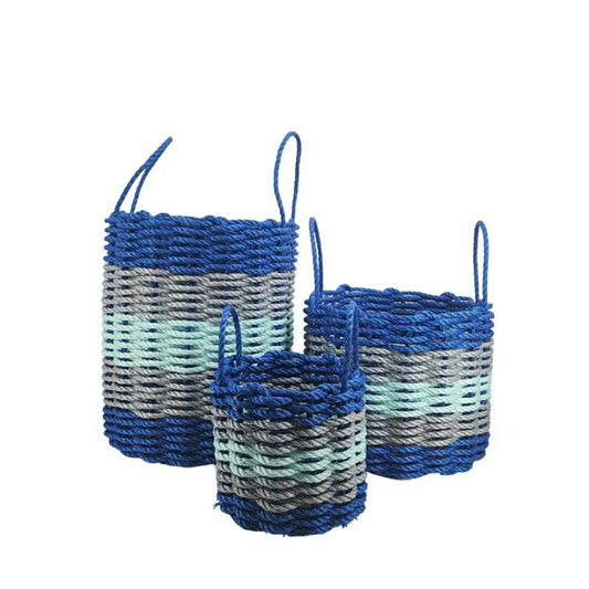 Plow & Hearth Five Stripe Rope Storage Basket Blue, Gray and Seafoam