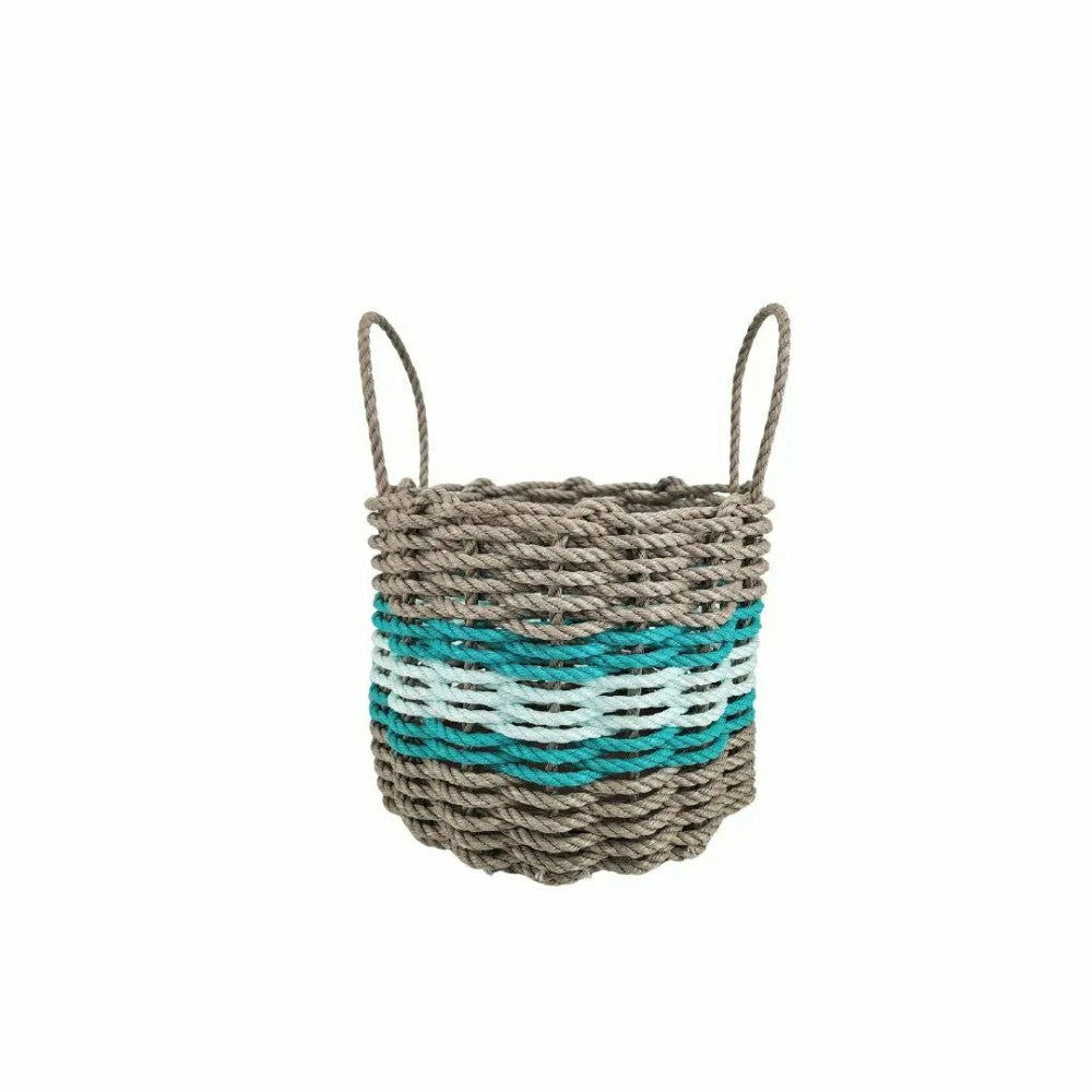 Plow & Hearth Lobster Rope Basket Tan and Seafoam, Teal Accents