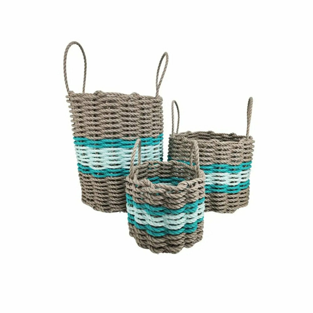Plow & Hearth Lobster Rope Basket Tan and Seafoam, Teal Accents
