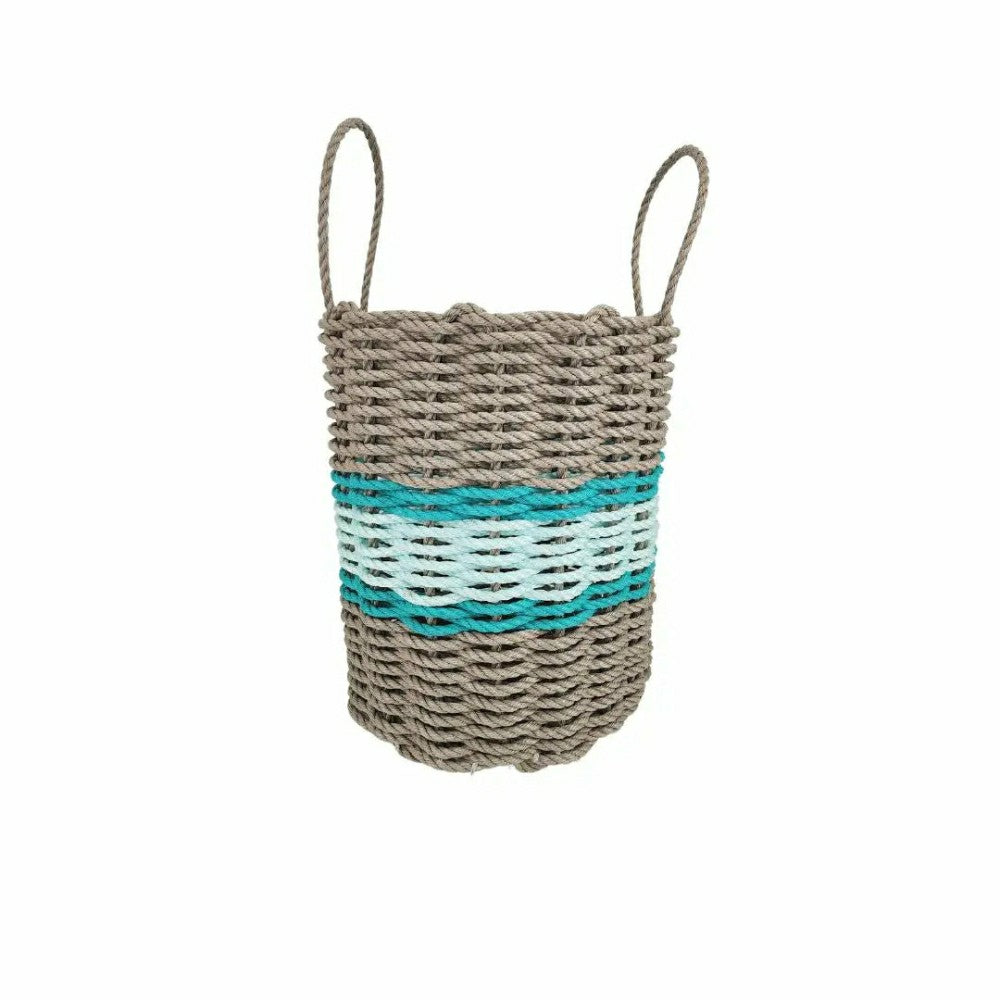 Plow & Hearth Lobster Rope Basket Tan and Seafoam, Teal Accents