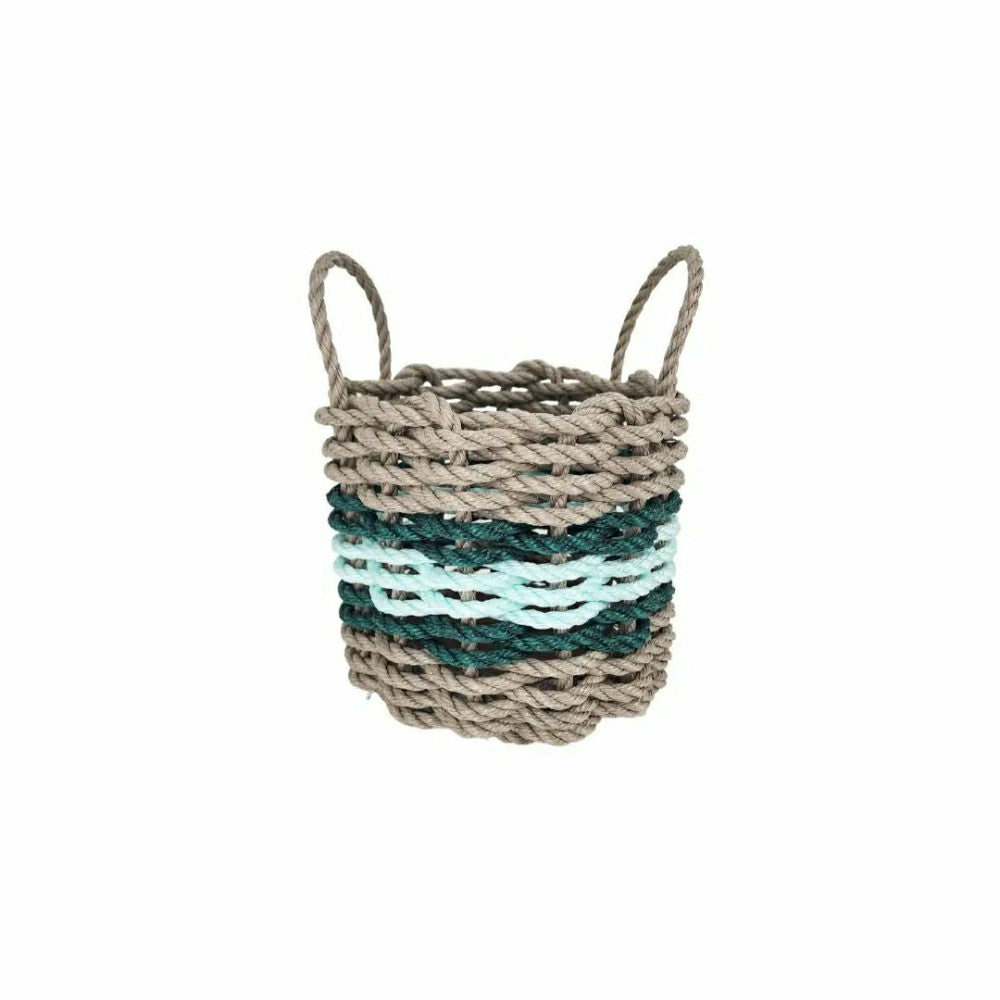 Plow & Hearth Lobster Rope Basket Tan and Seafoam, Hunter Green Accents