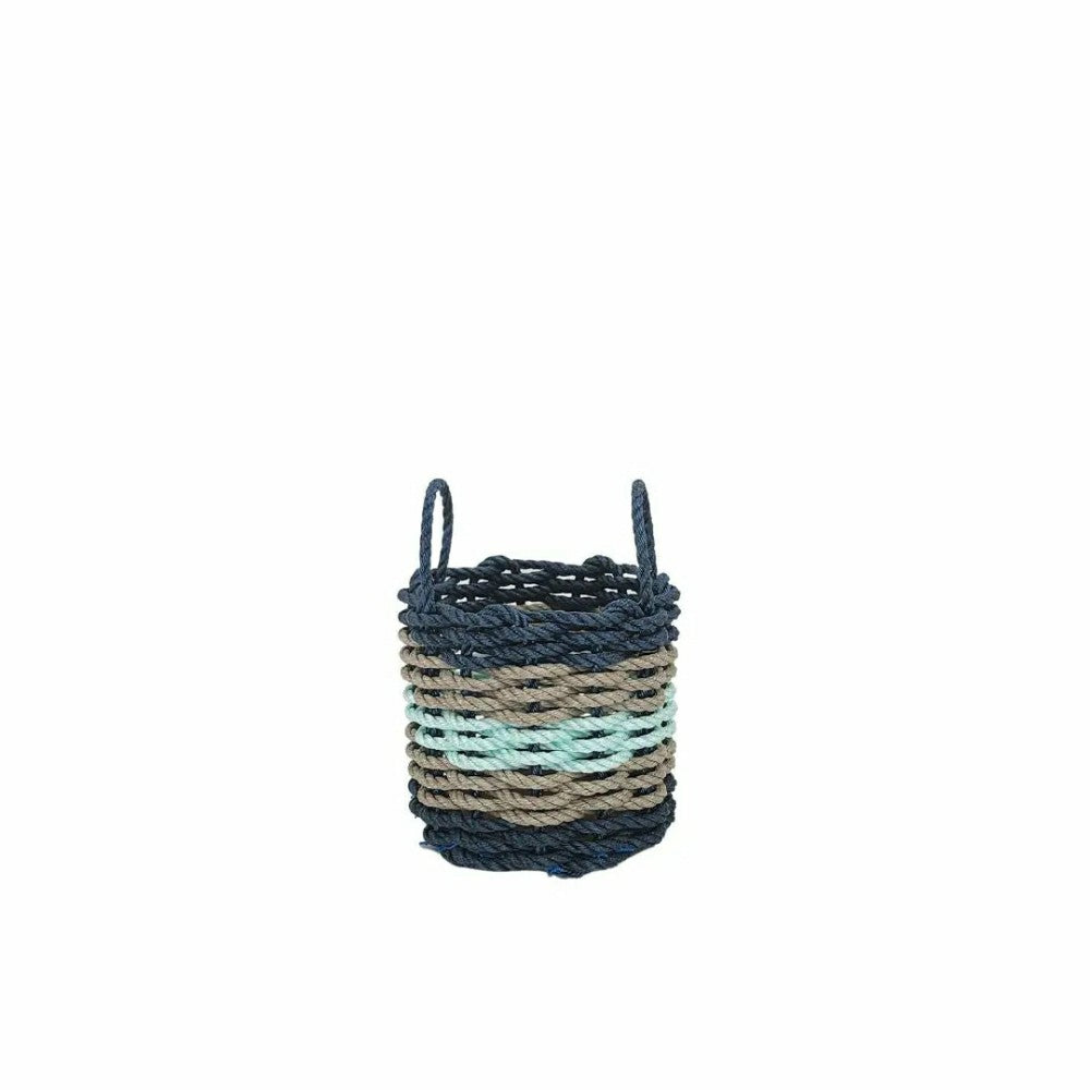 Plow & Hearth Five Stripe Rope Storage Basket Navy, Tan and Seafoam
