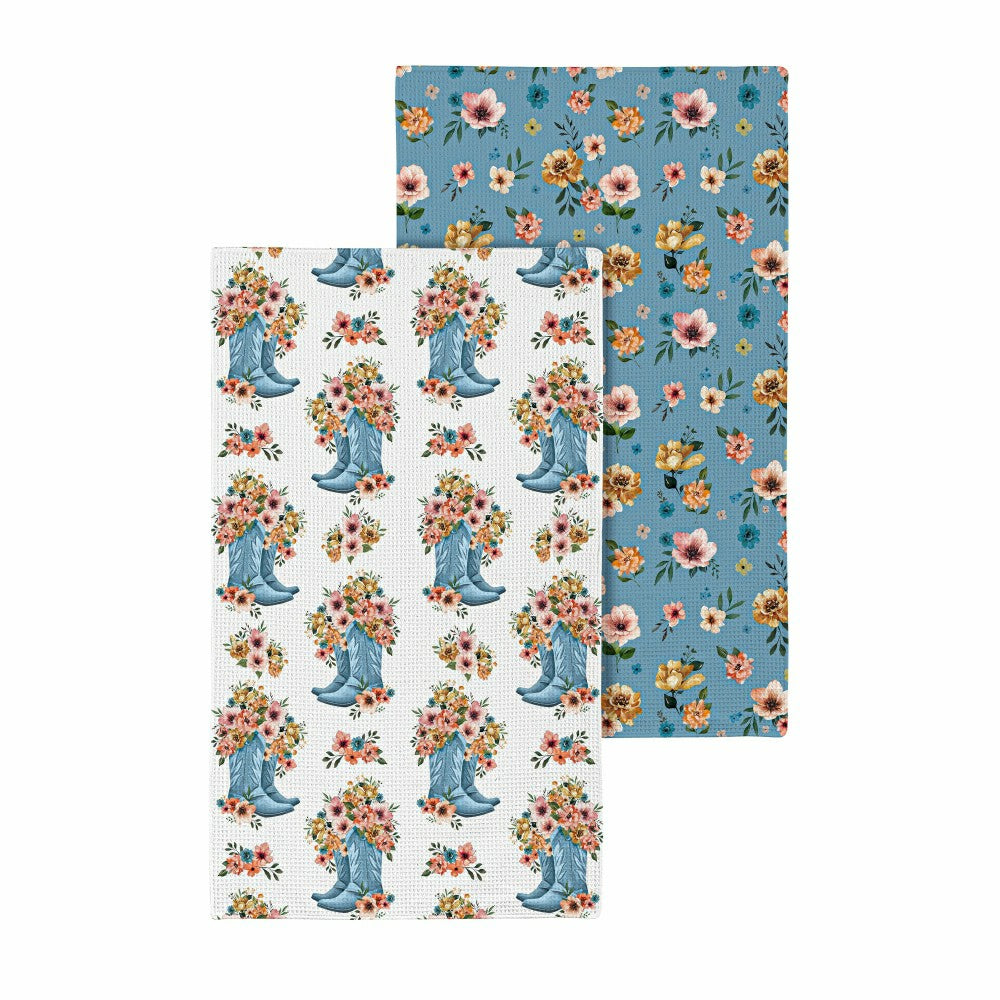 Plow & Hearth Petal & Plow Kitchen Gift Set Quick Waffle Weave Double-Sided, Cowboy Boots, Set of 3