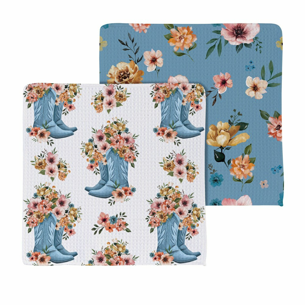 Plow & Hearth Petal & Plow Kitchen Gift Set Quick Waffle Weave Double-Sided, Cowboy Boots, Set of 3