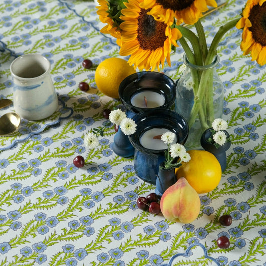 Plow & Hearth Forget-Me-Not Scallop Embroidered Blockprint Tablecloth