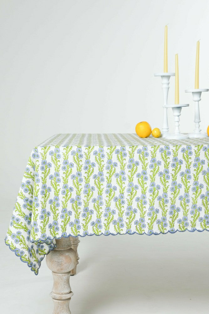 Plow & Hearth Forget-Me-Not Scallop Embroidered Blockprint Tablecloth