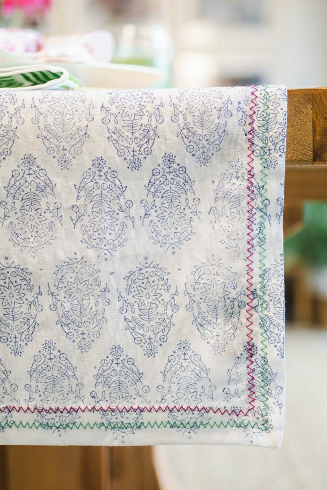 Plow & Hearth Table Runner - Vara, Navy with Pink & Green Stitching