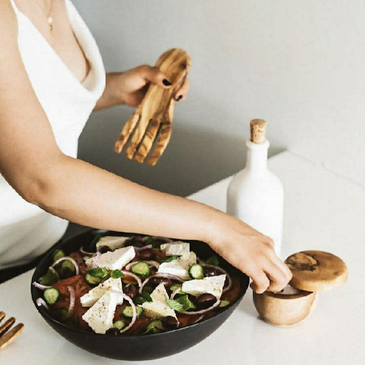 Plow & Hearth Olive Wood Salad Servers Flat Forks Set