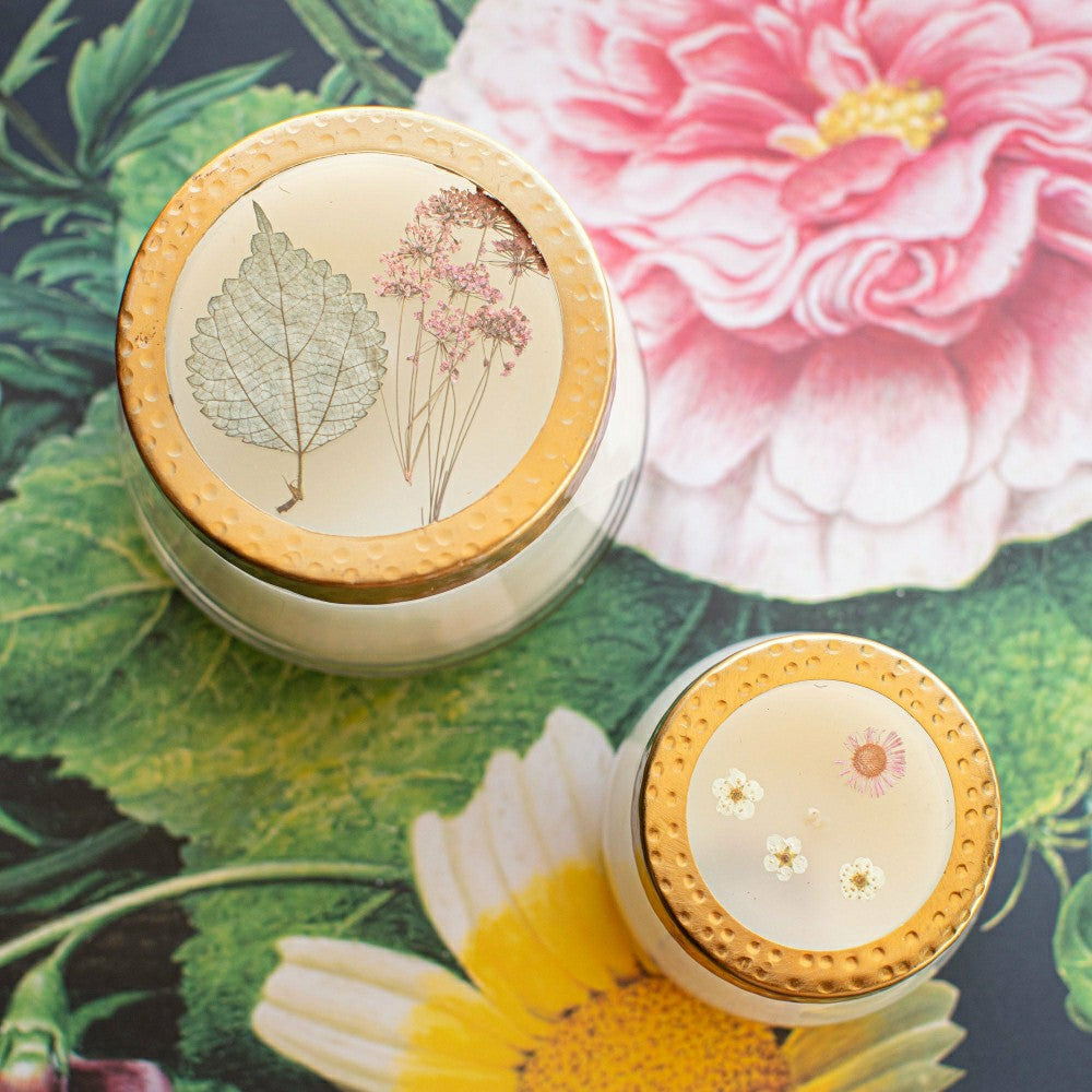 Plow & Hearth Apricot Rose Medium Pressed Floral Candle