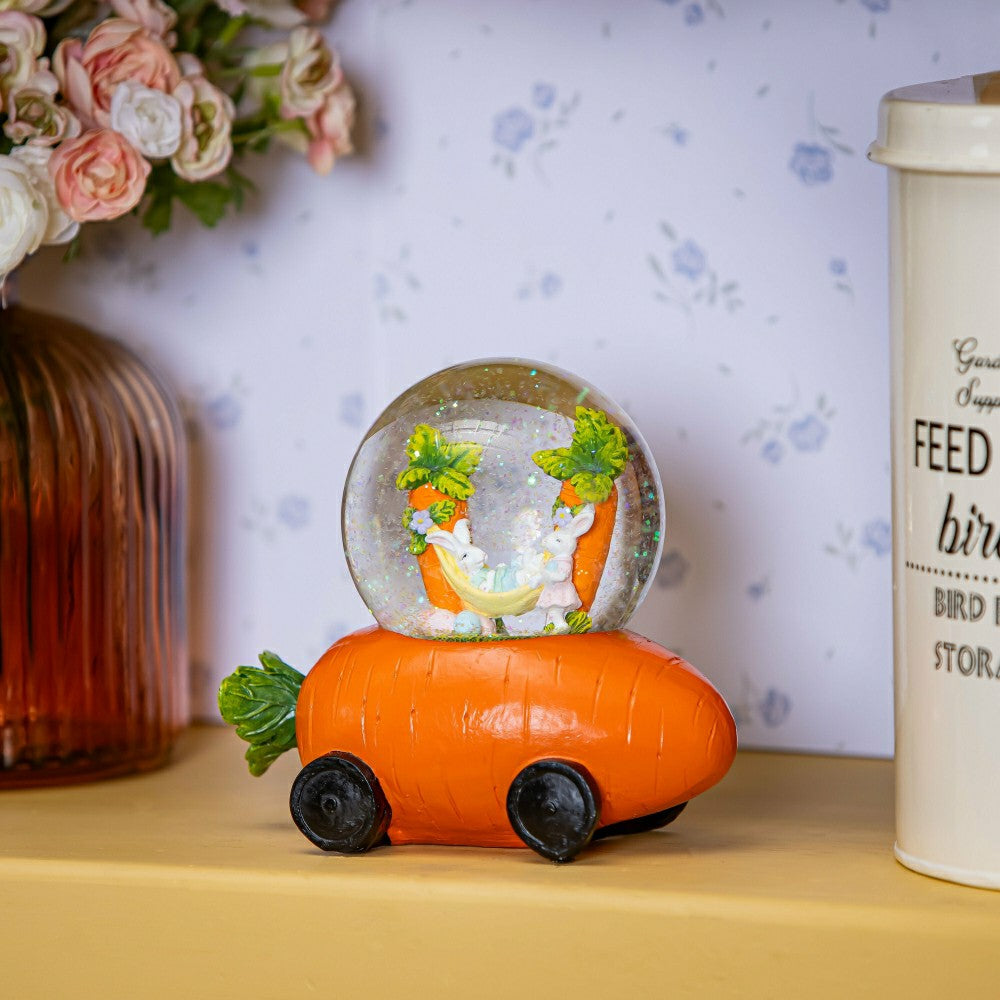 Plow & Hearth Hop Into Spring Water Globe Resin Carrot Car with Easter Bunny Scene,