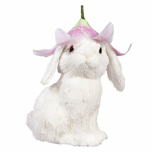 Plow & Hearth Hop Into Spring Table Decor Natural Fiber Bunny with Flower Hat, 10"H