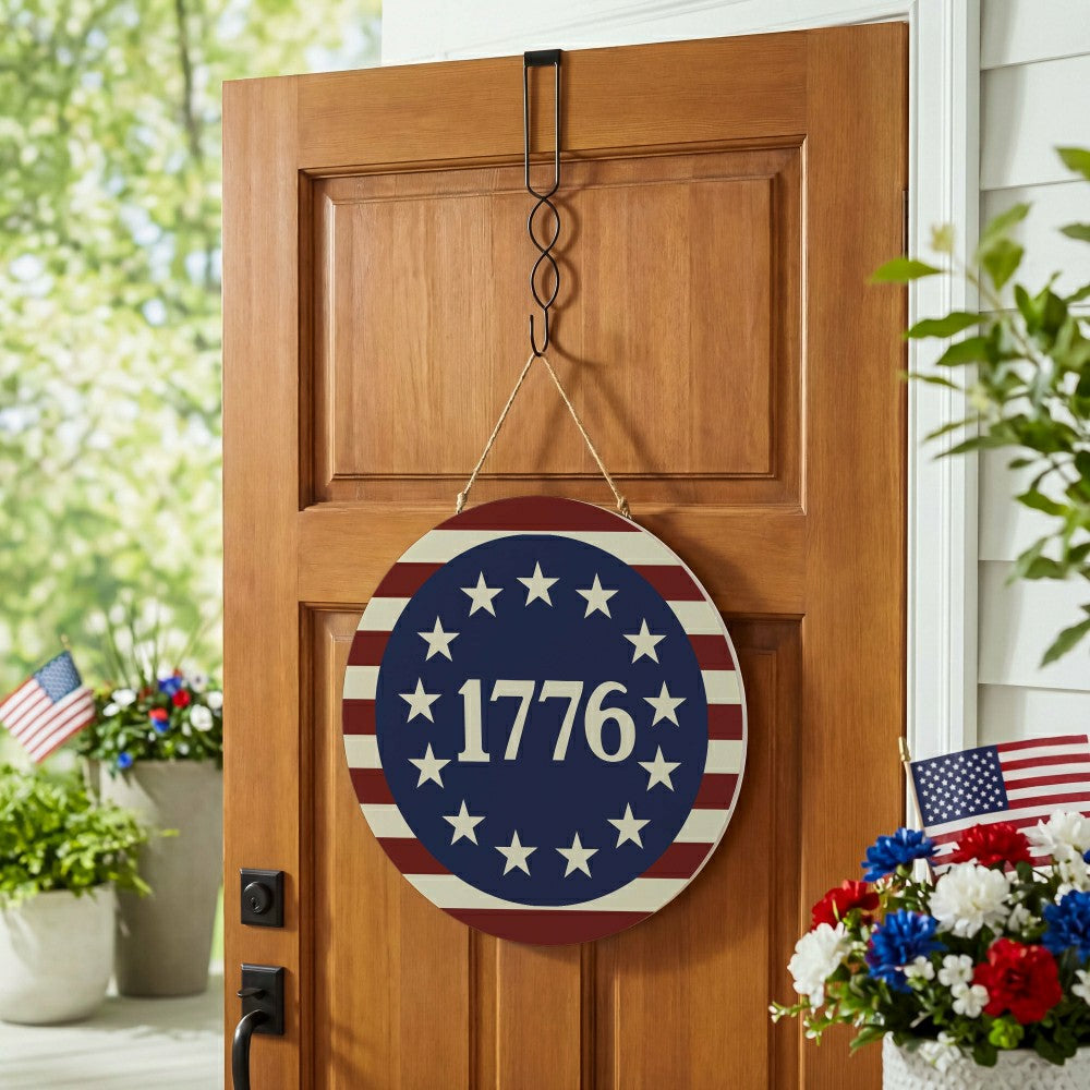 Plow & Hearth Red White & Bloom Wood Round Door Décor, 1776, 18"
