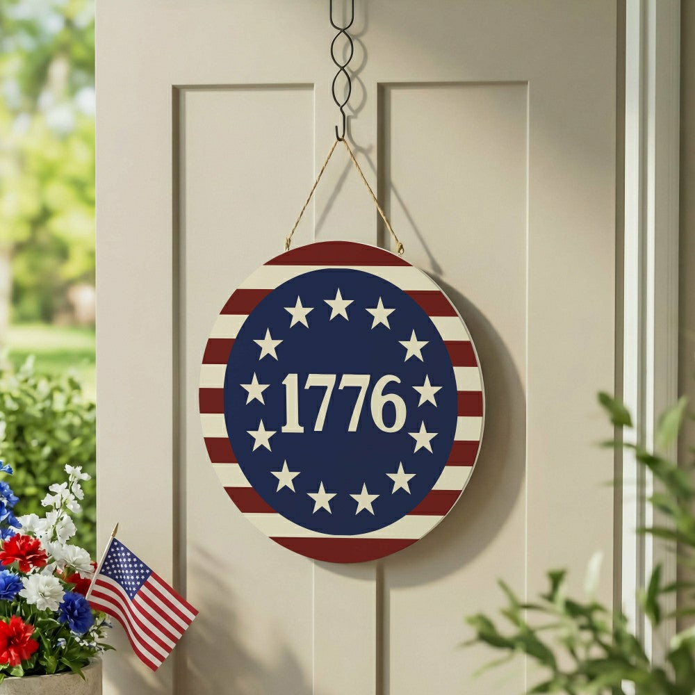 Plow & Hearth Red White & Bloom Wood Round Door Décor, 1776, 18"