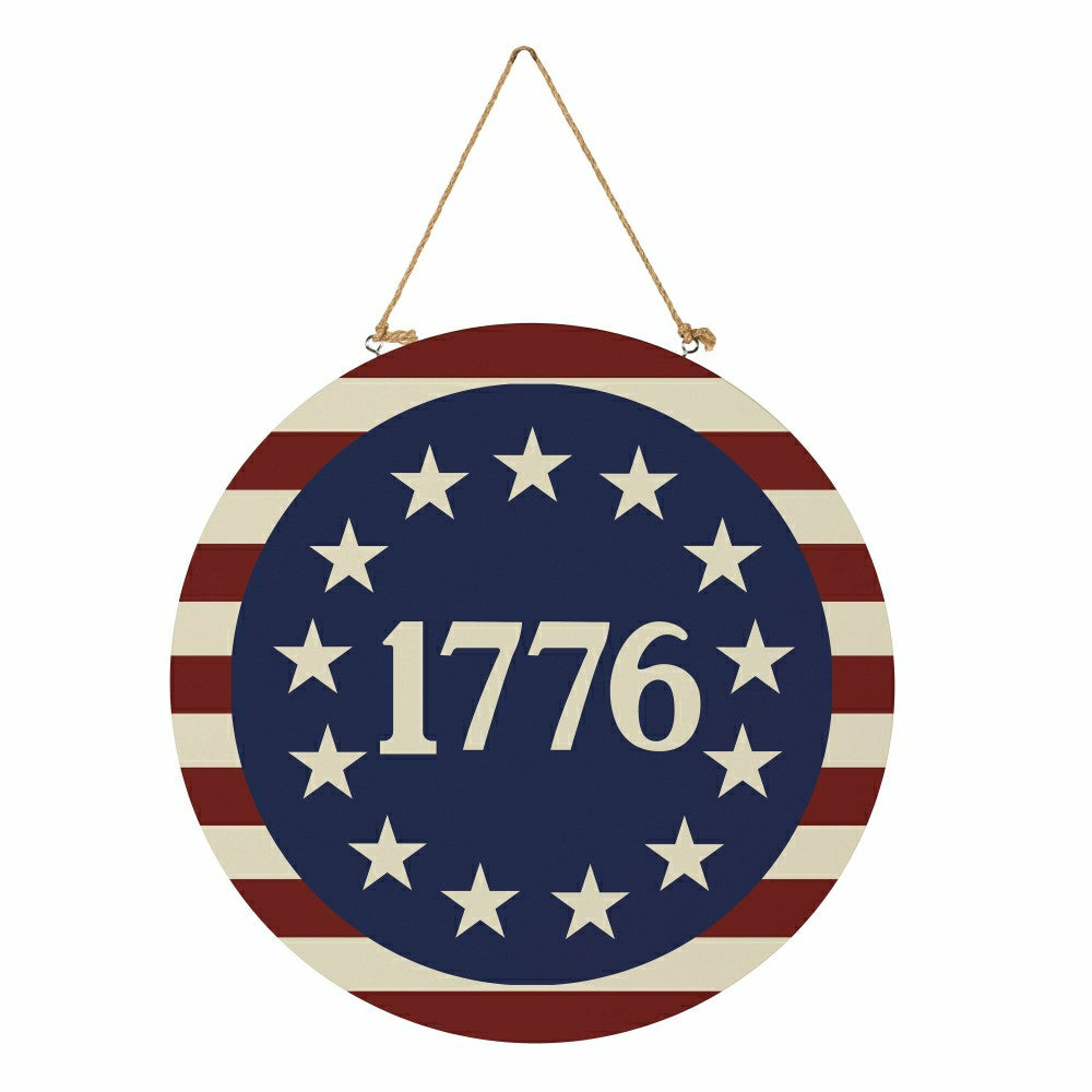 Plow & Hearth Red White & Bloom Wood Round Door Décor, 1776, 18"