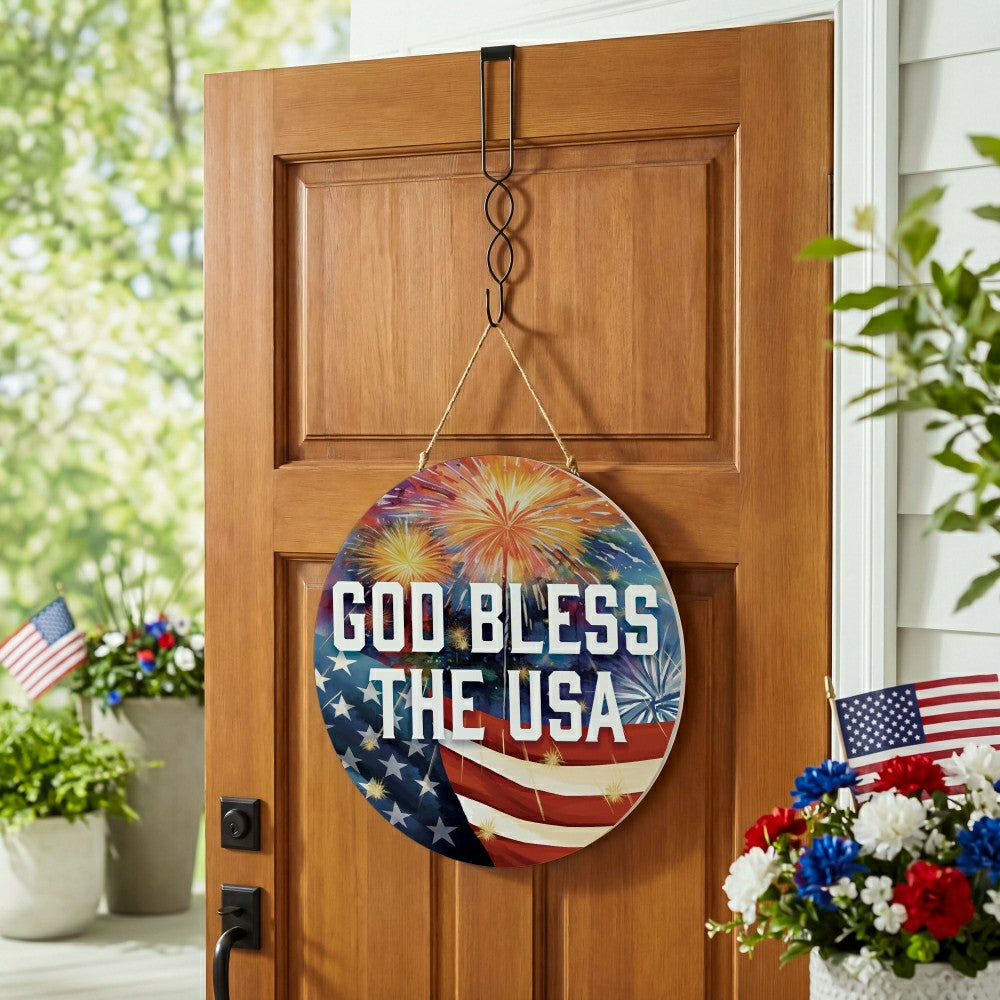 Plow & Hearth Red White and Bloom Wood Round Door Décor, "God Bless The USA", 18"