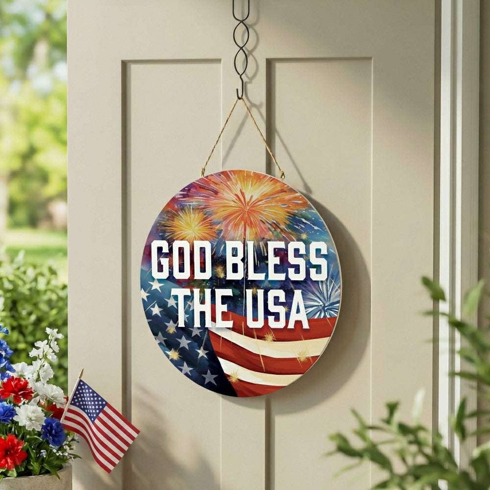 Plow & Hearth Red White and Bloom Wood Round Door Décor, "God Bless The USA", 18"