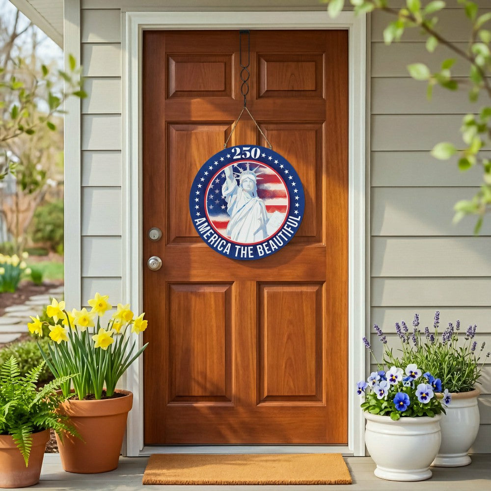 Plow & Hearth Red White & Bloom Wood Round Door Décor, 18"