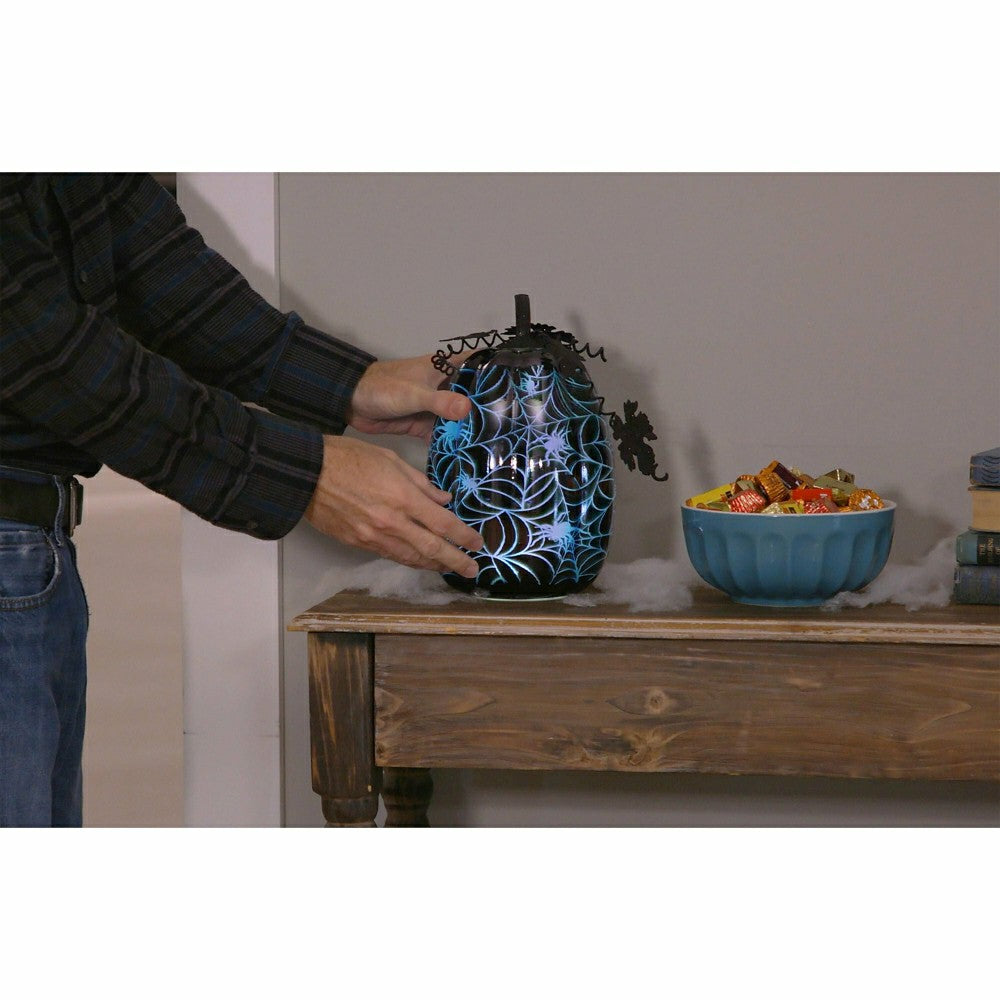 Plow & Hearth Mercury Glass Lighted Pumpkin Halloween Accent, Blue Spider Web