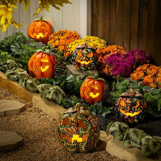 Plow & Hearth 10" Talavera Checkered Flower Ceramic Pumpkin, Small