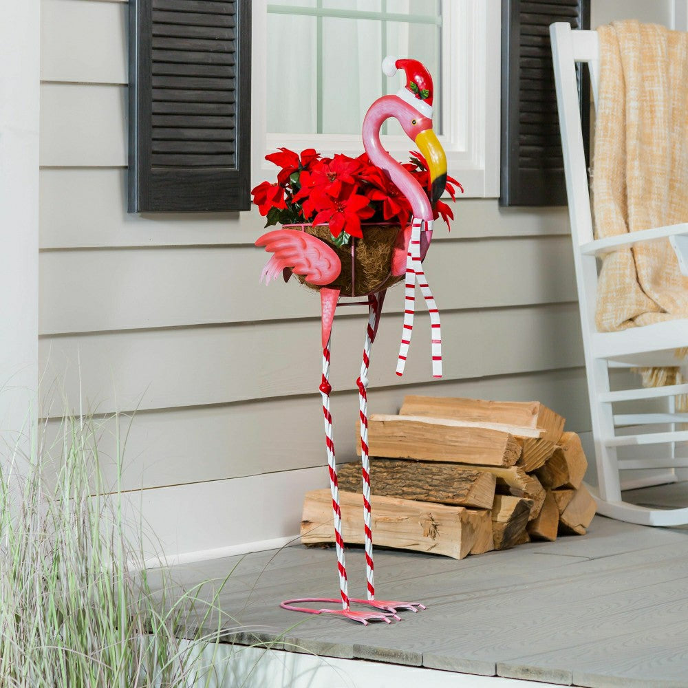 Plow & Hearth Metal Winter Flamingo Planter with Santa Hat, 39"H