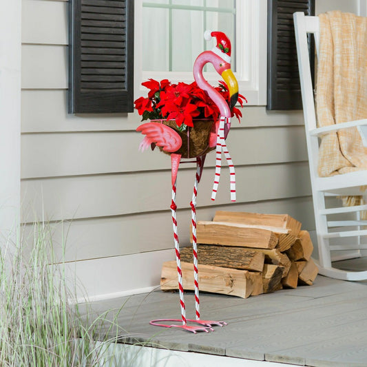 Plow & Hearth Metal Winter Flamingo Planter with Santa Hat, 39"H