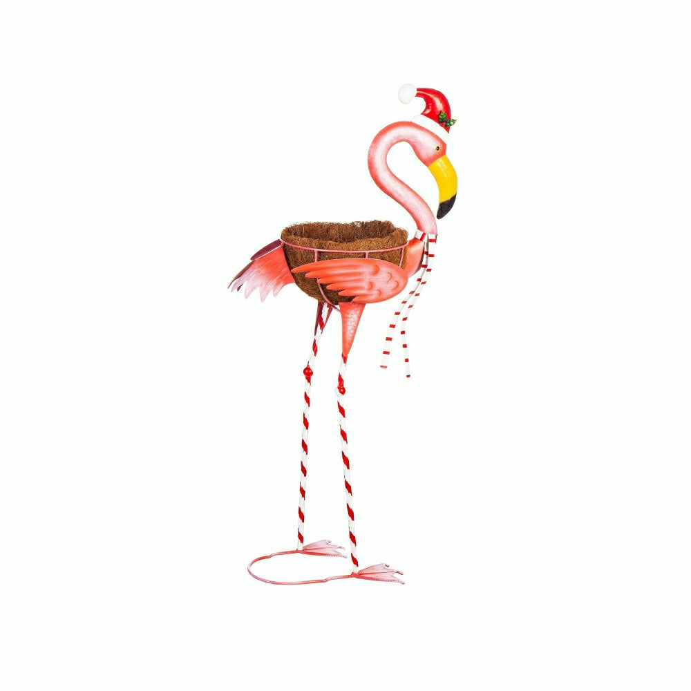 Plow & Hearth Metal Winter Flamingo Planter with Santa Hat, 39"H