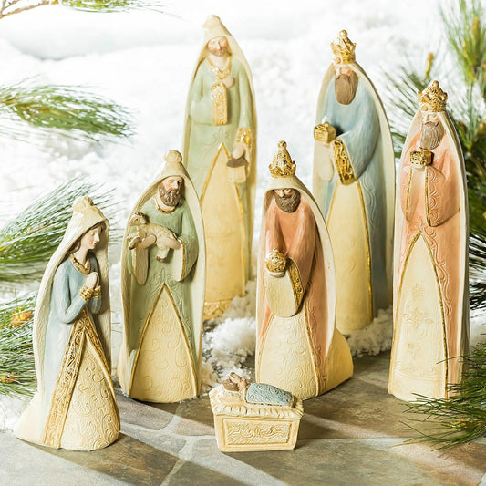 Plow & Hearth Nativity Garden Statue, Resin Statue, Gilded Nativity Scene, 11.8"H, S