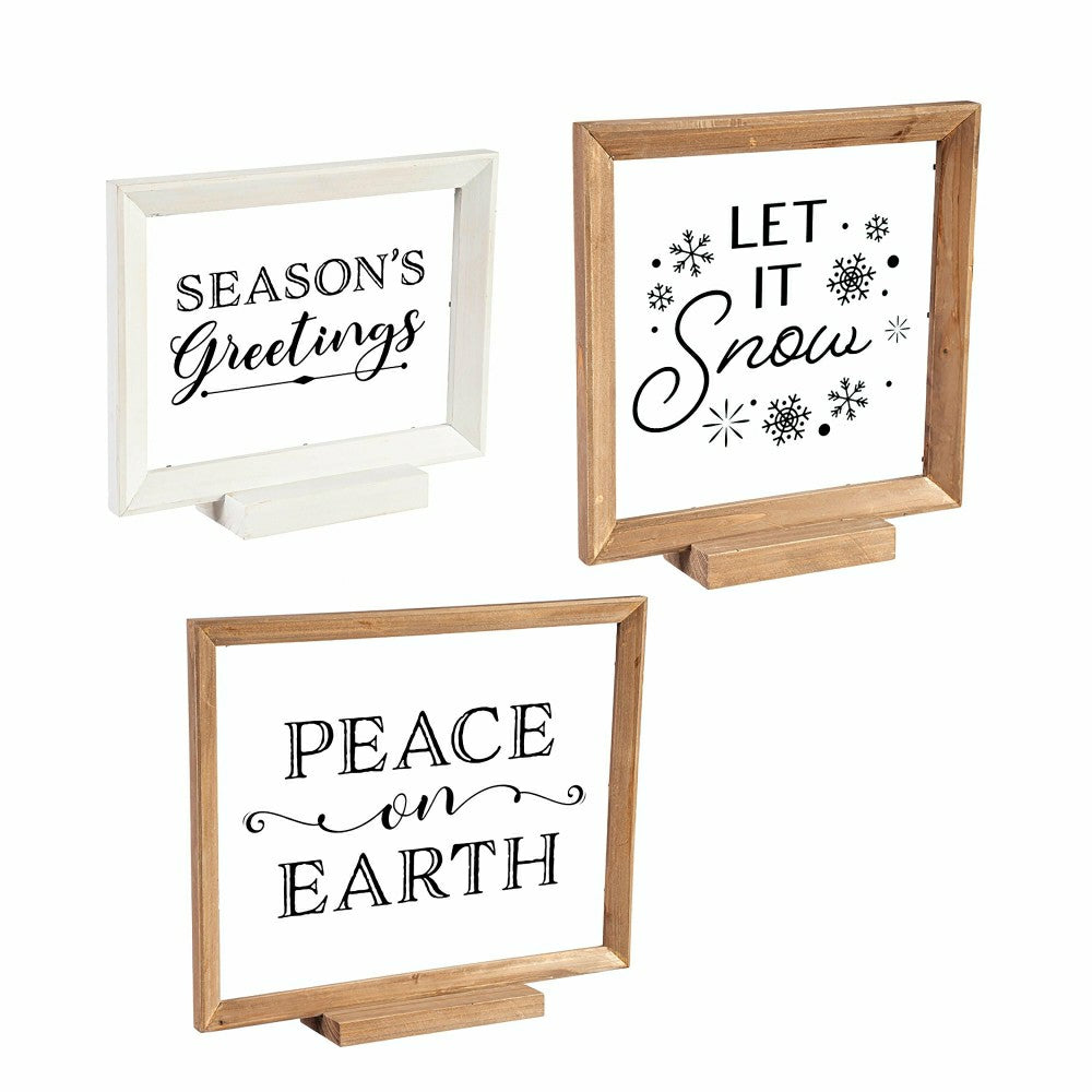 Plow & Hearth Wood Framed Décor, Set of 3 "Season's Greetings" "Peace on Earth" "Let