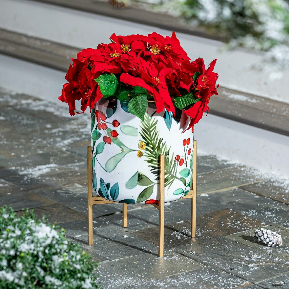 Plow & Hearth VivaStyle Planter, Printed Metal Planter with Legs, Festive Foliage, 1