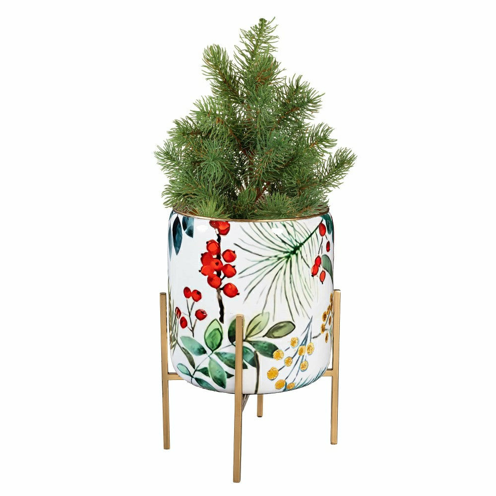 Plow & Hearth VivaStyle Planter, Printed Metal Planter with Legs, Festive Foliage, 1