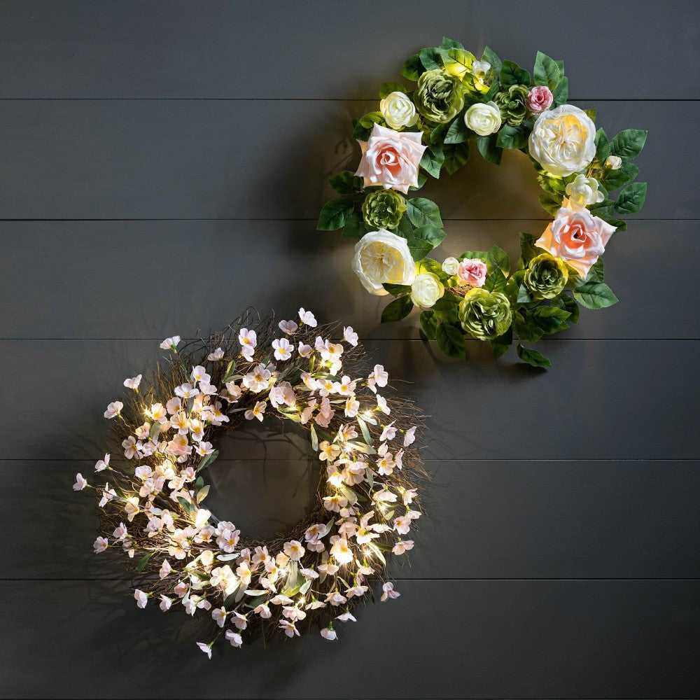 Plow & Hearth Lighted Faux Cherry Blossom Wreath