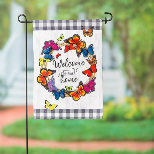 Plow & Hearth Butterfly Welcome Wreath Linen Garden Flag