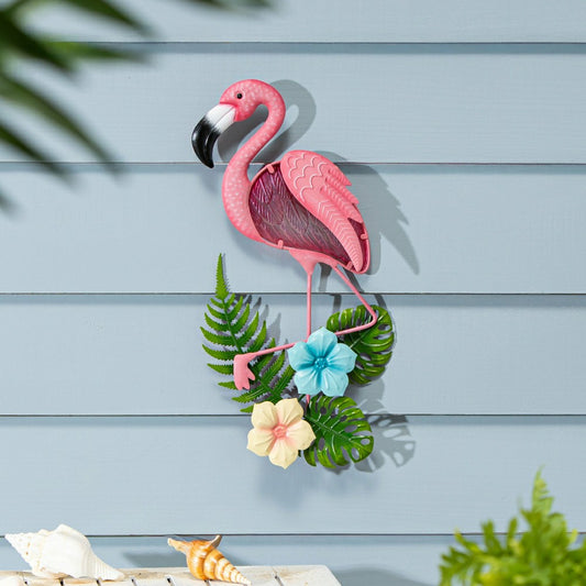Plow & Hearth Palm Beach Alternative Wall Decor, Metal and Glass Flamingo & Palm Leaves Wall Art
