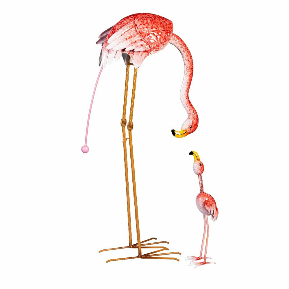 Plow & Hearth Palm Beach Garden Statue, Metal Flamingo Bending & Wobble Mom & Baby Garden Statue